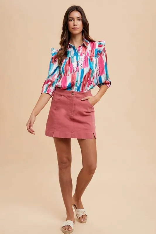 ANNIE WEAR - Berry Pink Denim Mini Skirt with Front Slit Hem