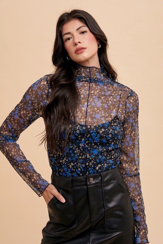 ANNIE WEAR - Black & Blue Floral Print Tulle Top