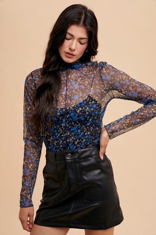 ANNIE WEAR - Black & Blue Floral Print Tulle Top