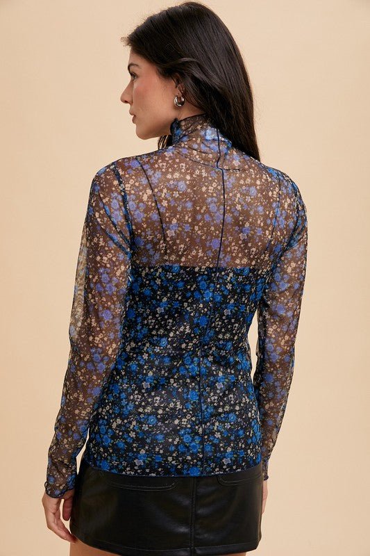 ANNIE WEAR - Black & Blue Floral Print Tulle Top