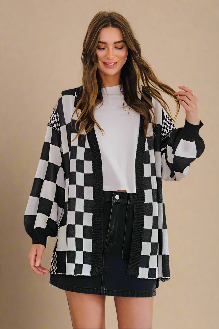 ANNIE WEAR - Black Checkered Open Front Cardigan