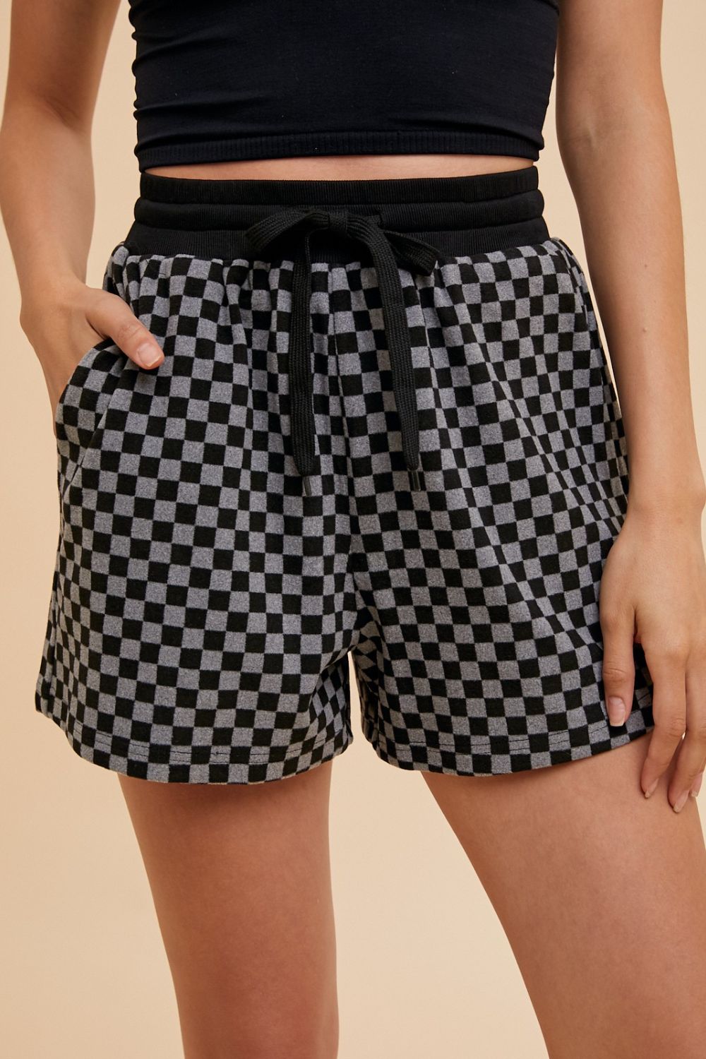 ANNIE WEAR - Black Checkered Top & Drawstring Shorts Set