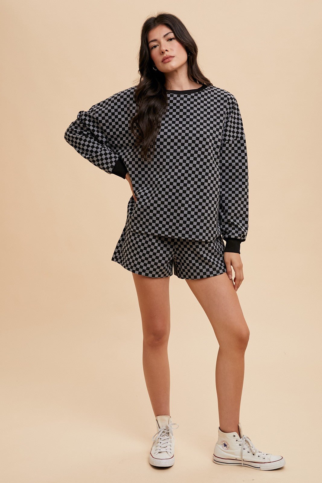 ANNIE WEAR - Black Checkered Top & Drawstring Shorts Set