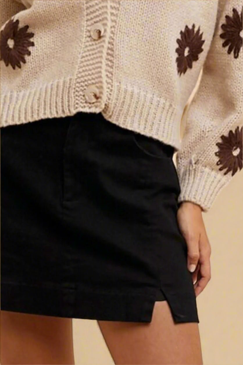 ANNIE WEAR - Black Denim Mini Skirt with Front Slit Hem