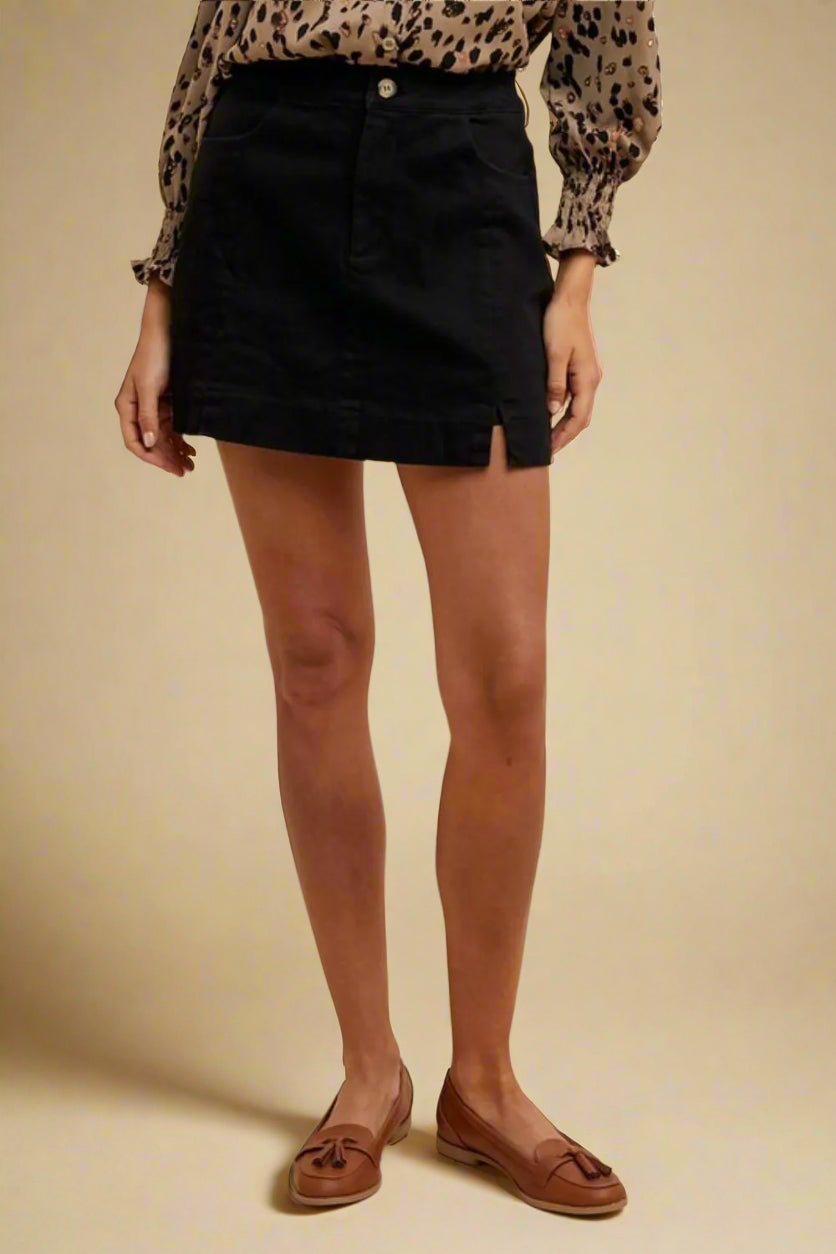 ANNIE WEAR - Black Denim Mini Skirt with Front Slit Hem