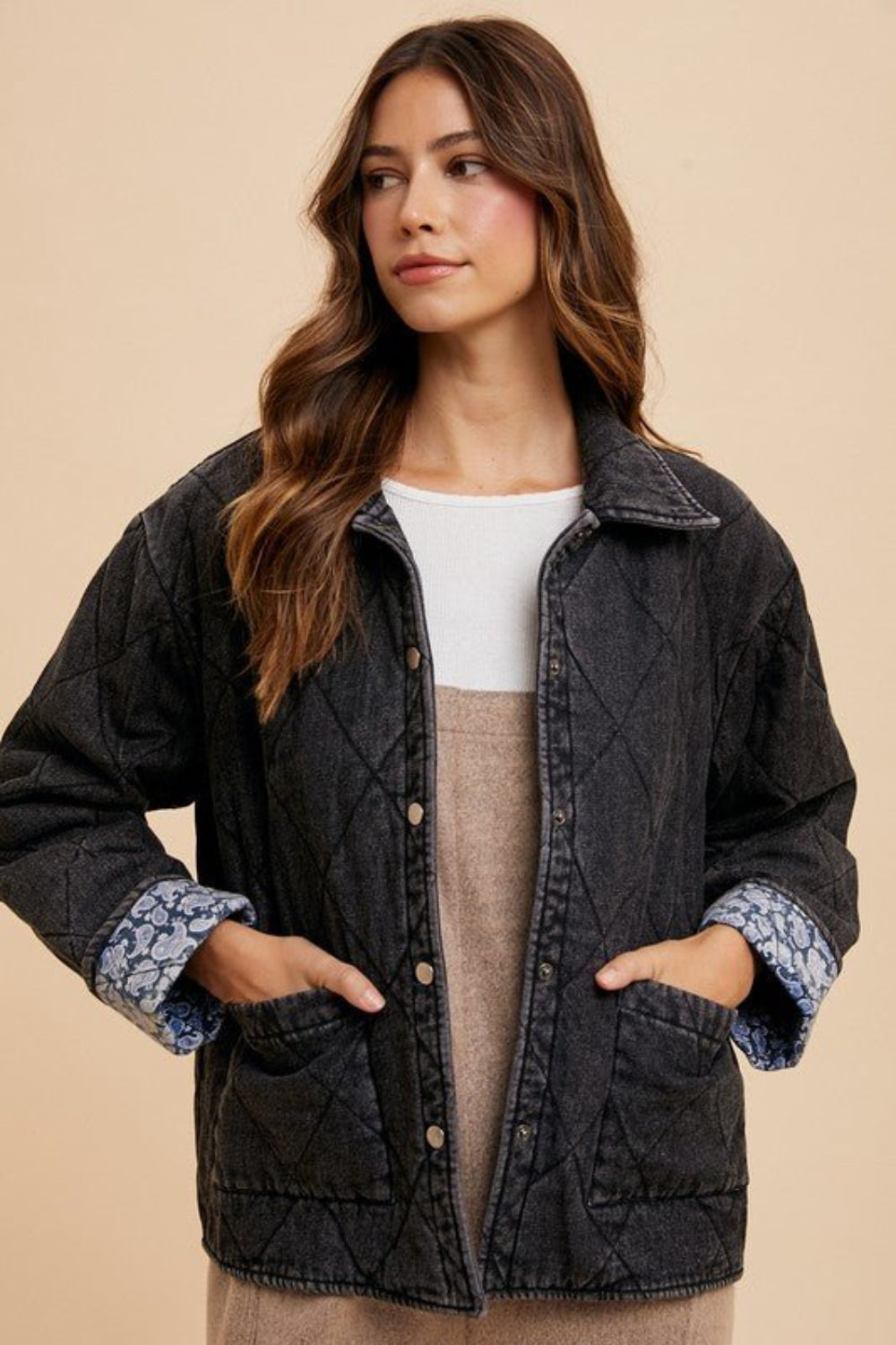 ANNIE WEAR - Black Denim Quilted Snap Down Jacket