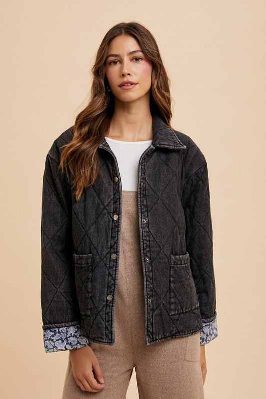 ANNIE WEAR - Black Denim Quilted Snap Down Jacket