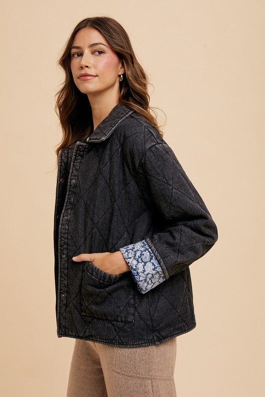 ANNIE WEAR - Black Denim Quilted Snap Down Jacket