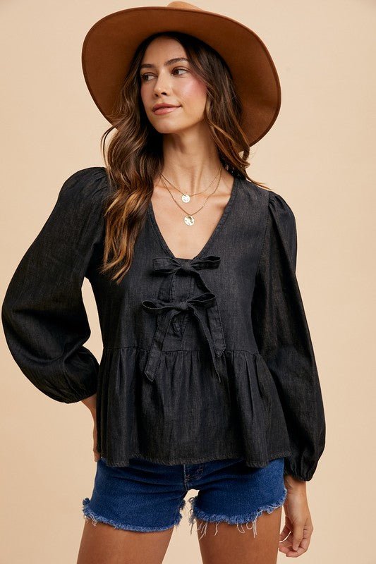 ANNIE WEAR - Black Denim Tie Front Peplum Top