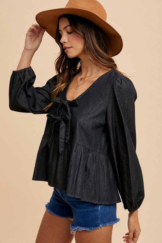 ANNIE WEAR - Black Denim Tie Front Peplum Top