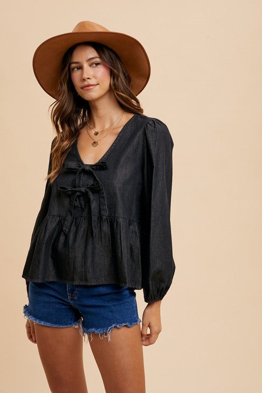ANNIE WEAR - Black Denim Tie Front Peplum Top