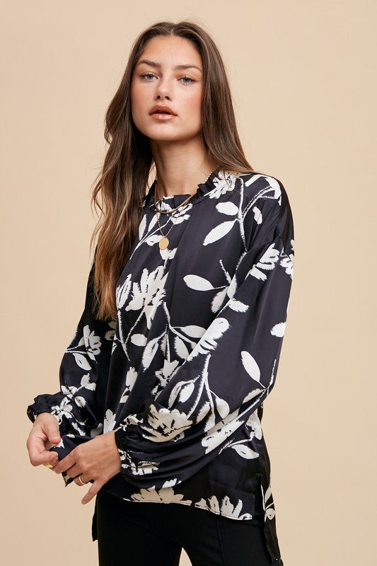 ANNIE WEAR - Black Floral Print Long Sleeve Blouse