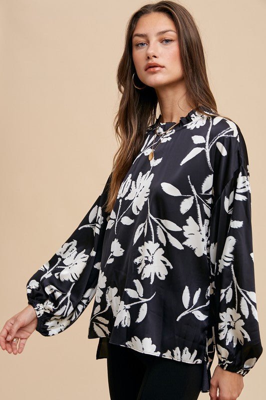 ANNIE WEAR - Black Floral Print Long Sleeve Blouse
