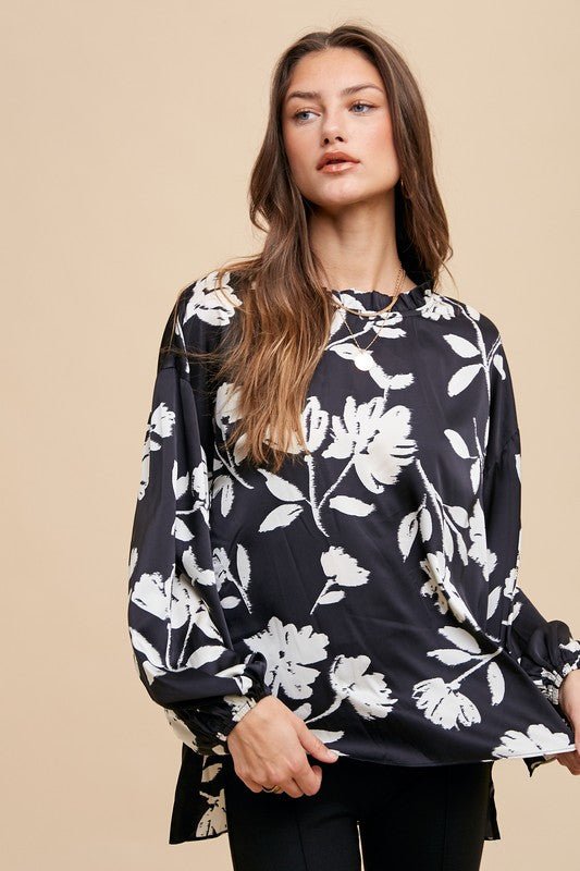 ANNIE WEAR - Black Floral Print Long Sleeve Blouse