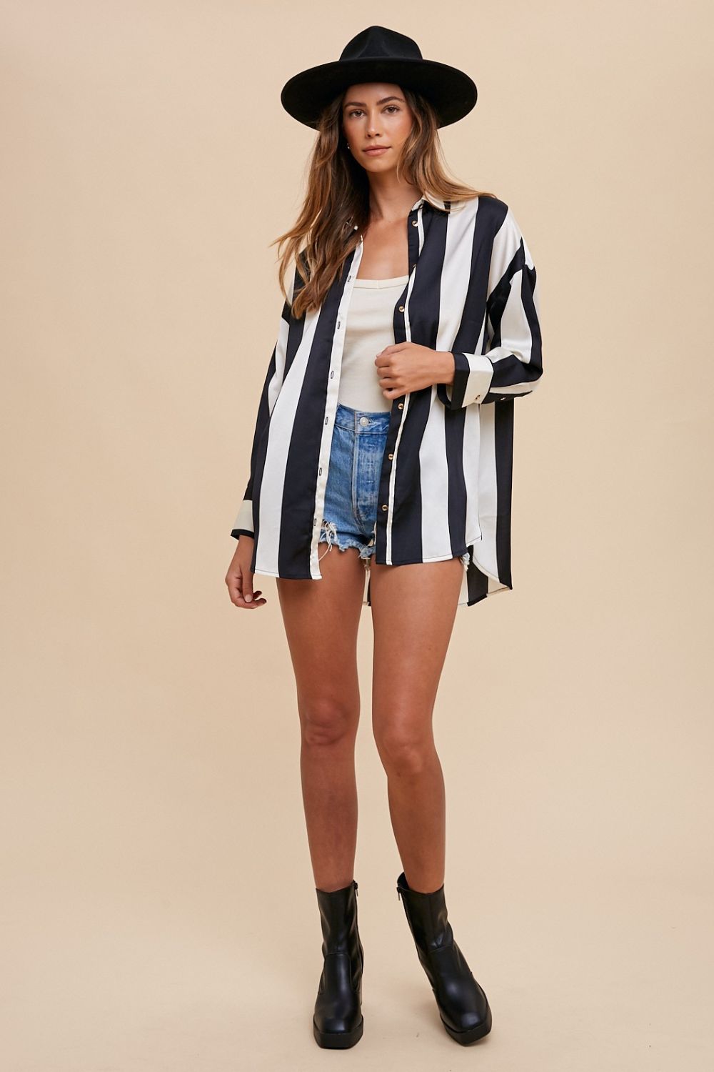 ANNIE WEAR - Black & Ivory Striped Button Up Shirt