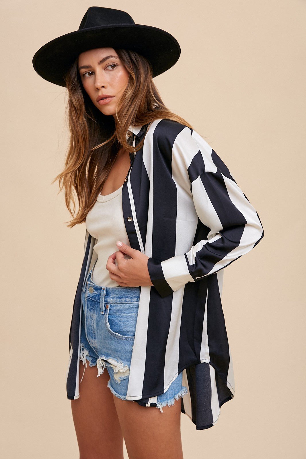 ANNIE WEAR - Black & Ivory Striped Button Up Shirt