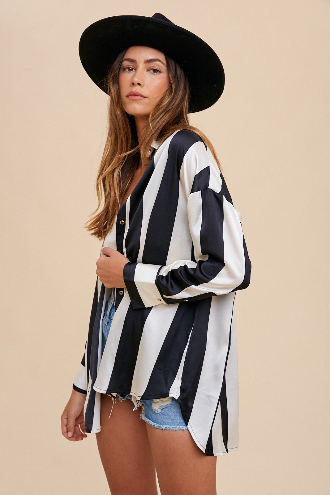 ANNIE WEAR - Black & Ivory Striped Button Up Shirt