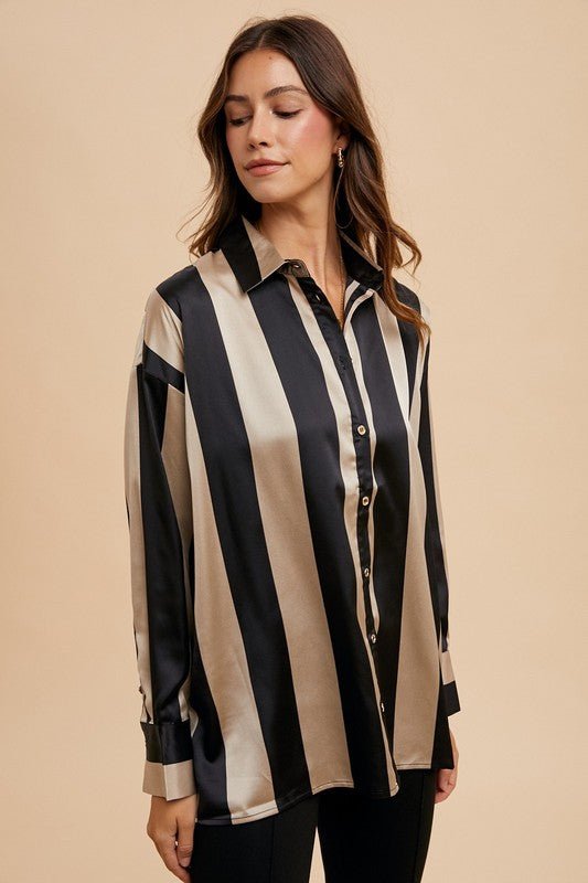 ANNIE WEAR - Black & Khaki Striped Button Up Shirt