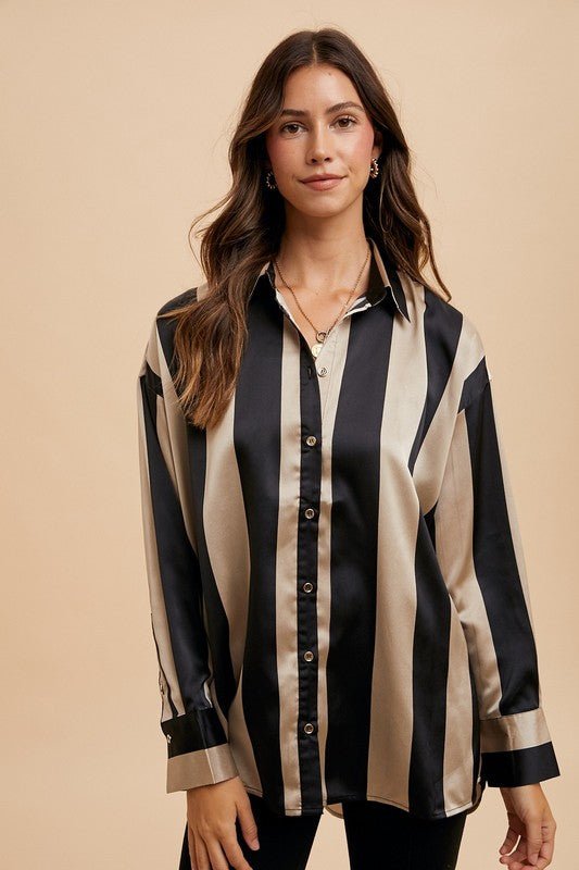 ANNIE WEAR - Black & Khaki Striped Button Up Shirt