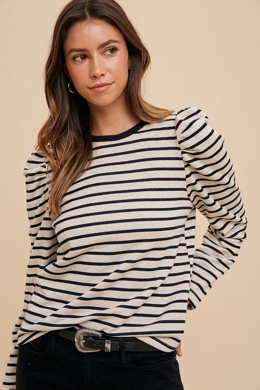 ANNIE WEAR - Black Striped Puff Sleeve French Terry Top