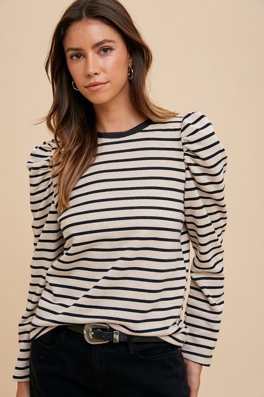 ANNIE WEAR - Black Striped Puff Sleeve French Terry Top