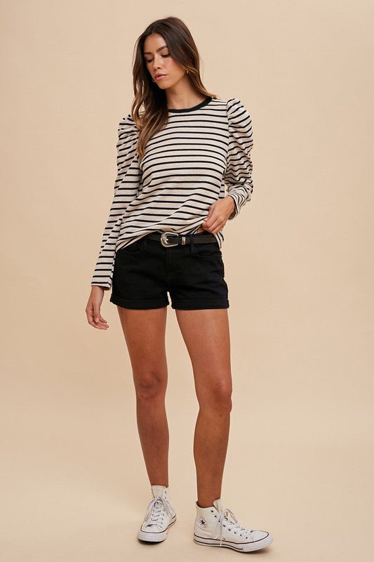 ANNIE WEAR - Black Striped Puff Sleeve French Terry Top