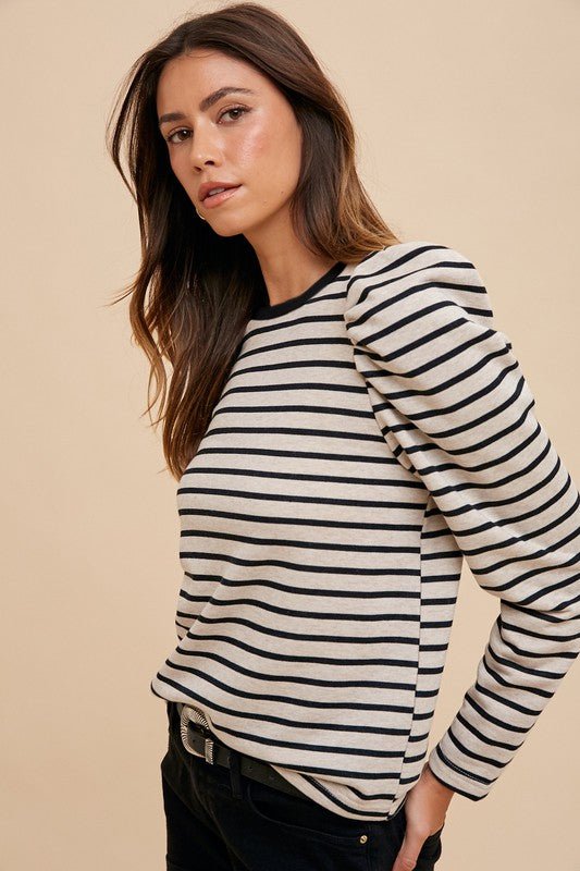 ANNIE WEAR - Black Striped Puff Sleeve French Terry Top