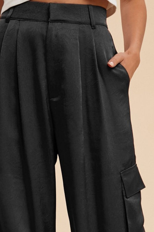 ANNIE WEAR - Black Wide Leg Satin Cargo Pants