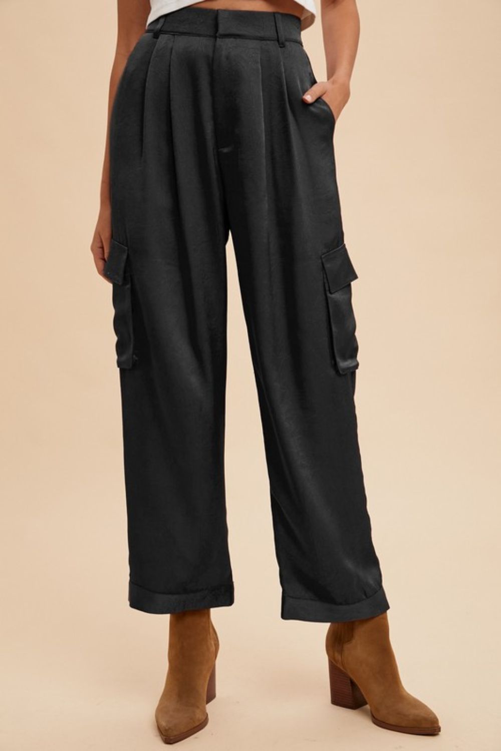 ANNIE WEAR - Black Wide Leg Satin Cargo Pants