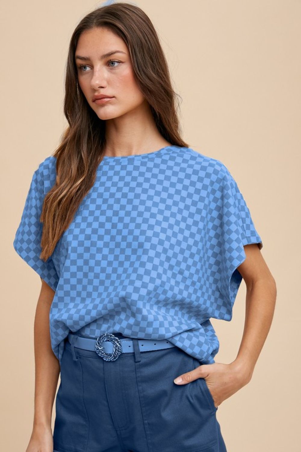 ANNIE WEAR - Blue Checkered Short Sleeve T-Shirt