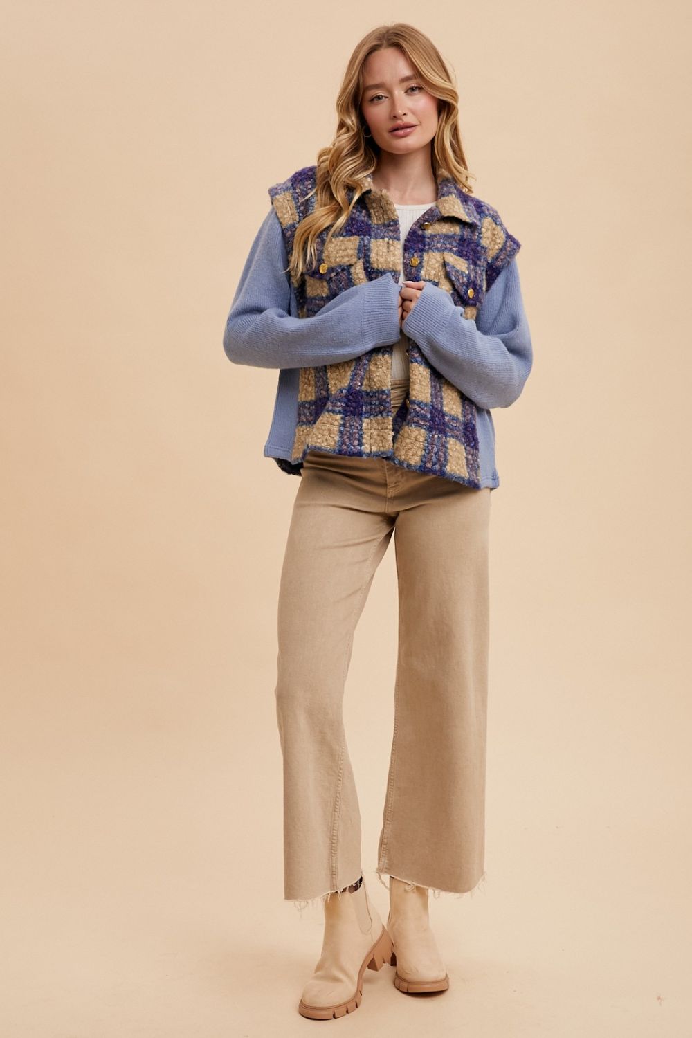 ANNIE WEAR - Blue Plaid Button Up Faux Fur Jacket