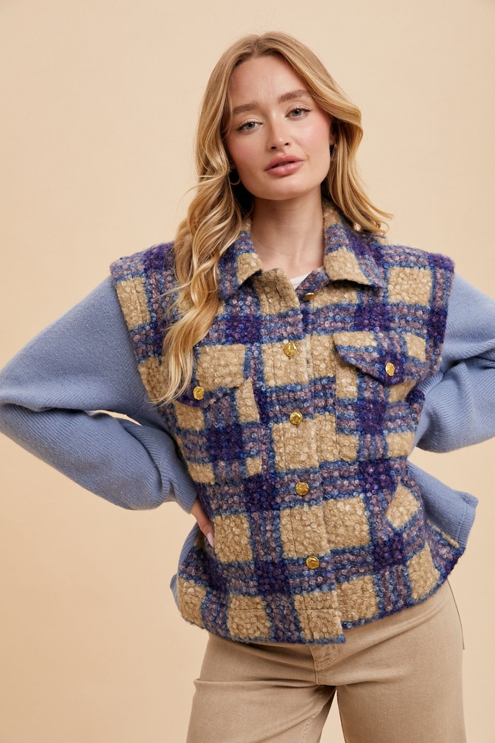 ANNIE WEAR - Blue Plaid Button Up Faux Fur Jacket