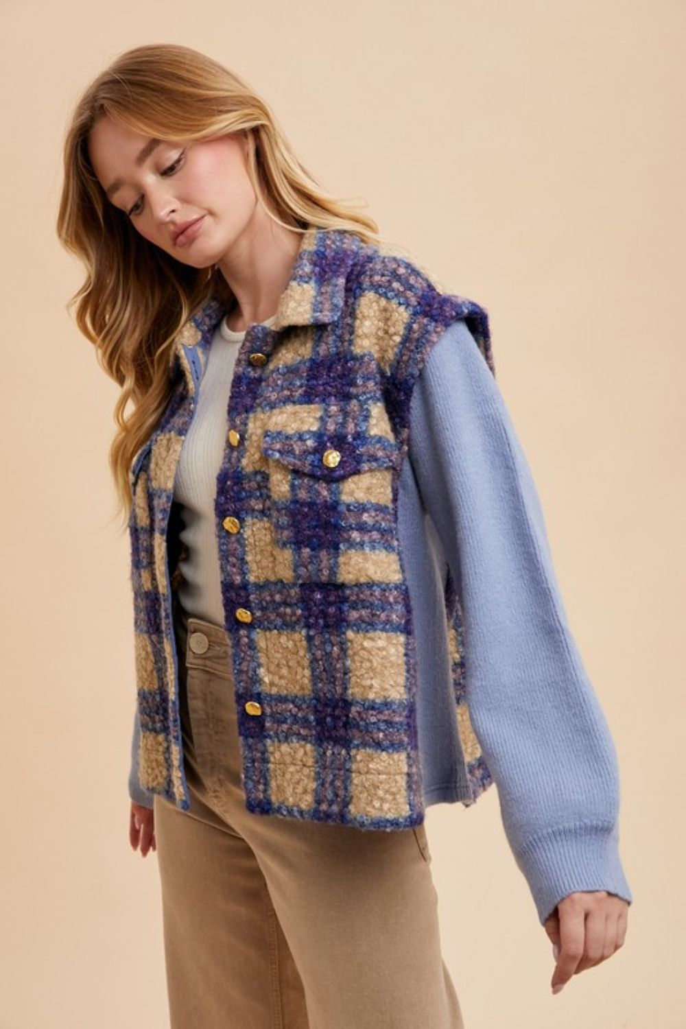 ANNIE WEAR - Blue Plaid Button Up Faux Fur Jacket