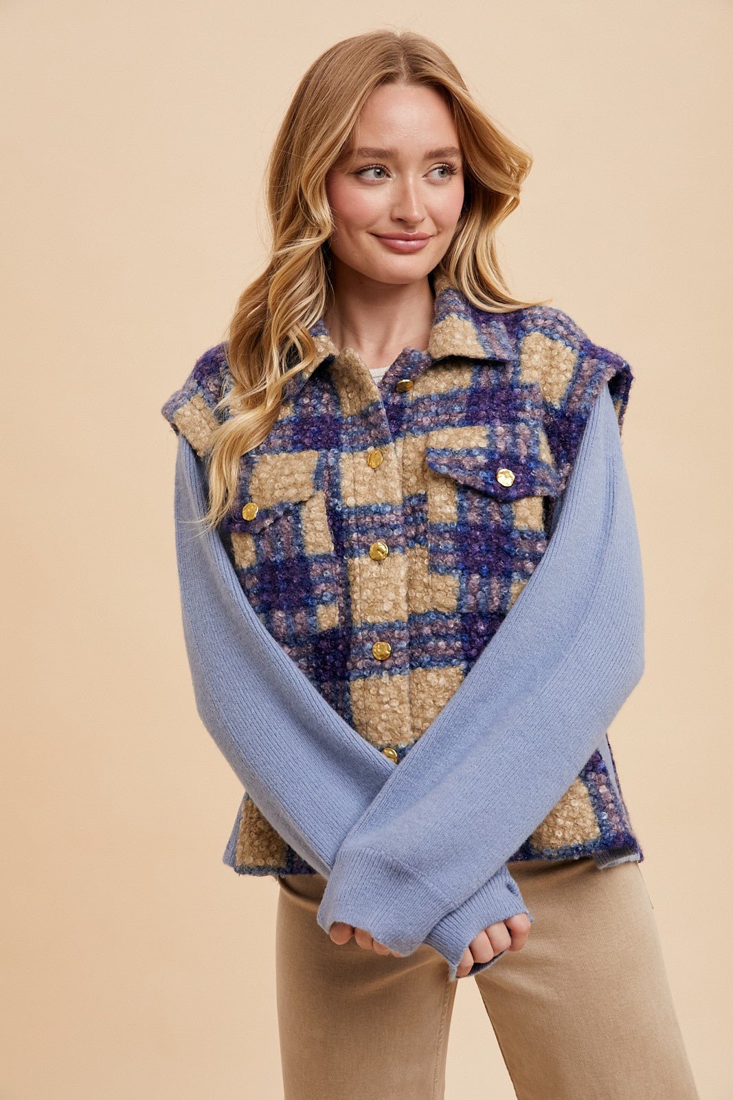 ANNIE WEAR - Blue Plaid Button Up Faux Fur Jacket