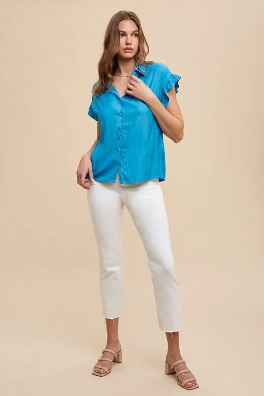 ANNIE WEAR - Bright Blue Ruffle Sleeve Button - Up Top