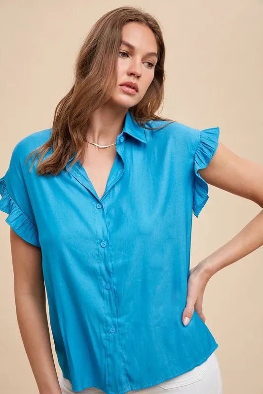 ANNIE WEAR - Bright Blue Ruffle Sleeve Button - Up Top