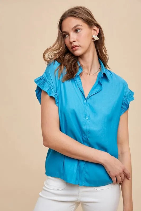 ANNIE WEAR - Bright Blue Ruffle Sleeve Button - Up Top
