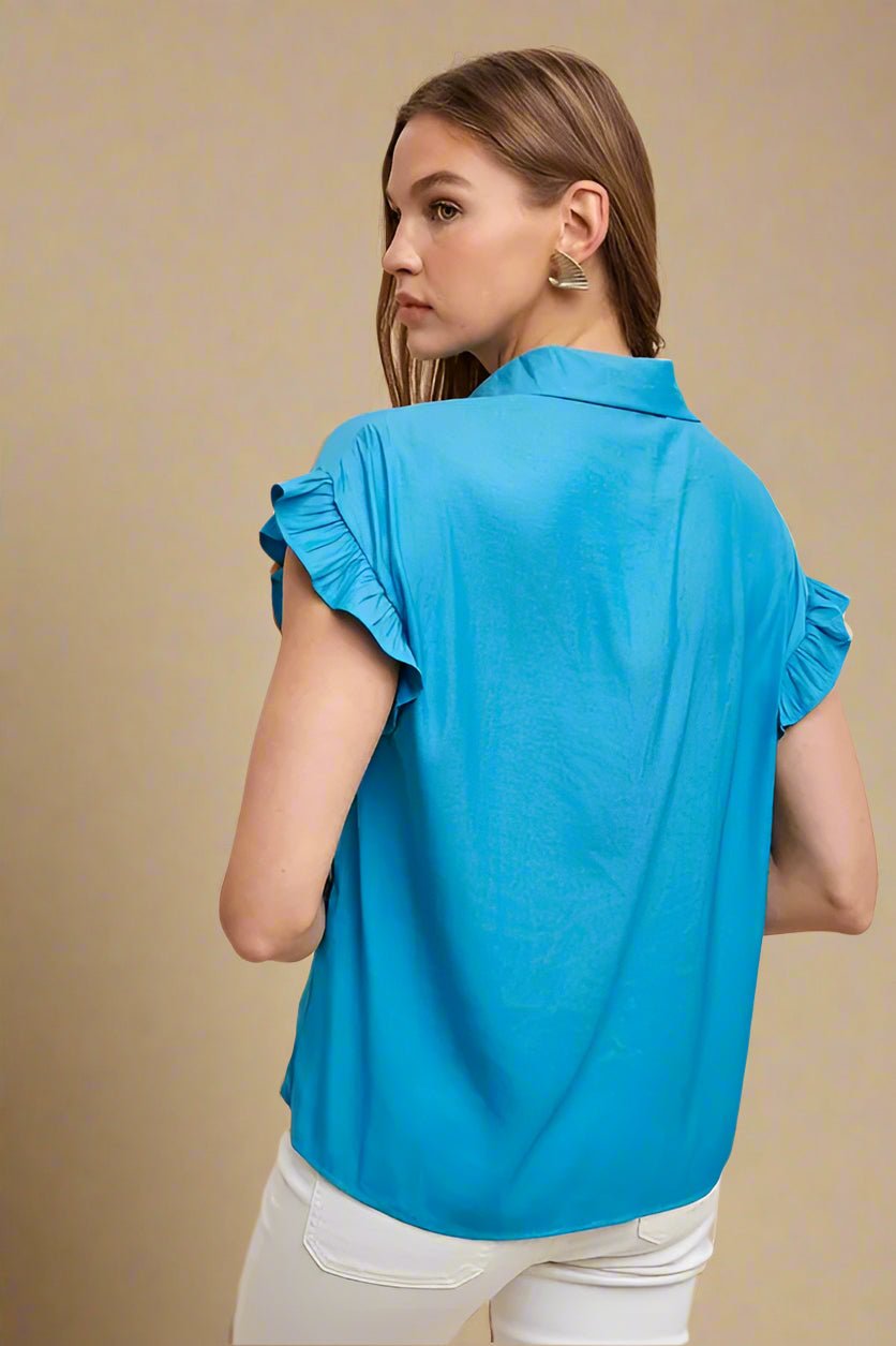 ANNIE WEAR - Bright Blue Ruffle Sleeve Button - Up Top