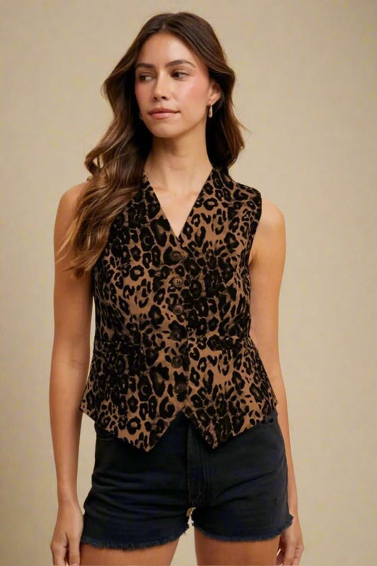 ANNIE WEAR - Brown Leopard Print Button Front Vest Top