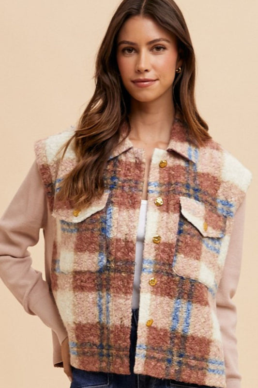 ANNIE WEAR - Brown Plaid Button Up Faux Fur Jacket