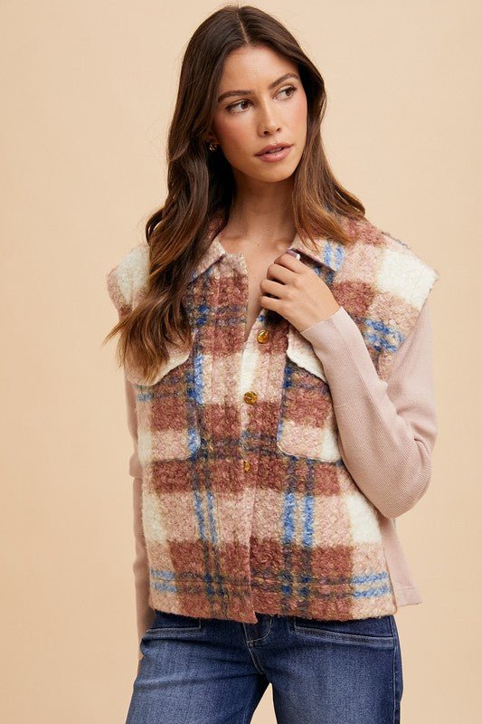 ANNIE WEAR - Brown Plaid Button Up Faux Fur Jacket