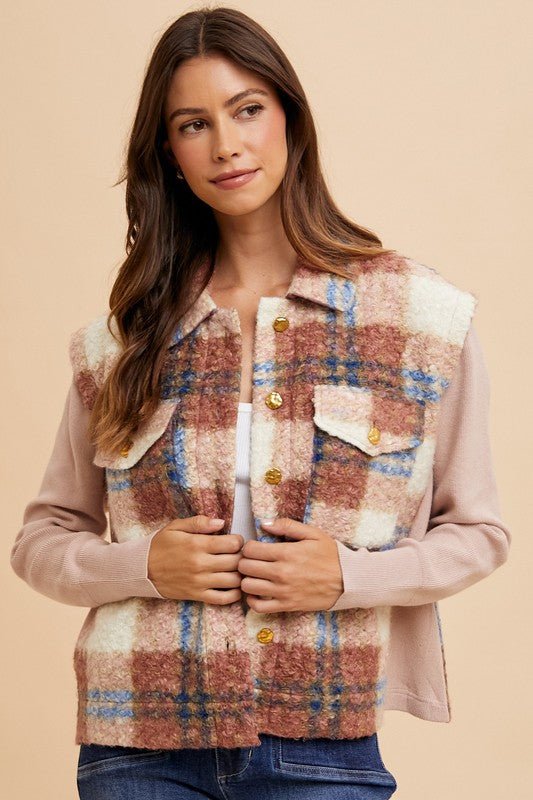 ANNIE WEAR - Brown Plaid Button Up Faux Fur Jacket