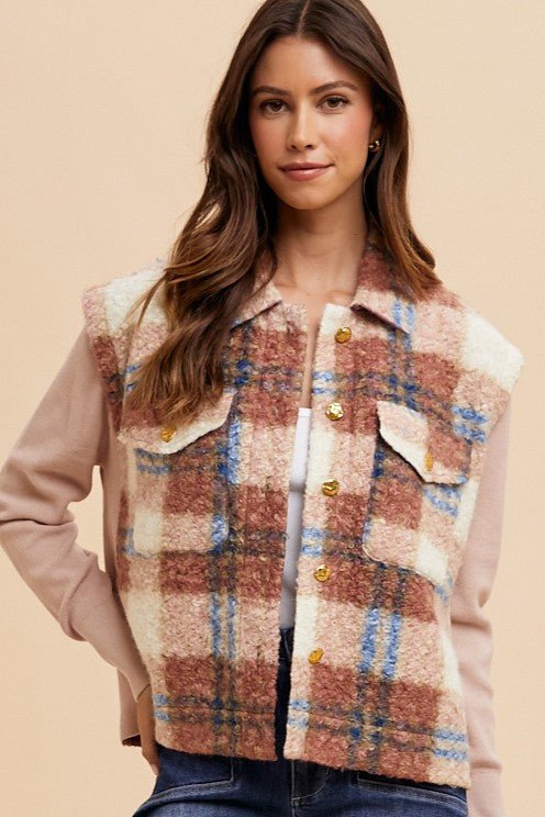 ANNIE WEAR - Brown Plaid Button Up Faux Fur Jacket