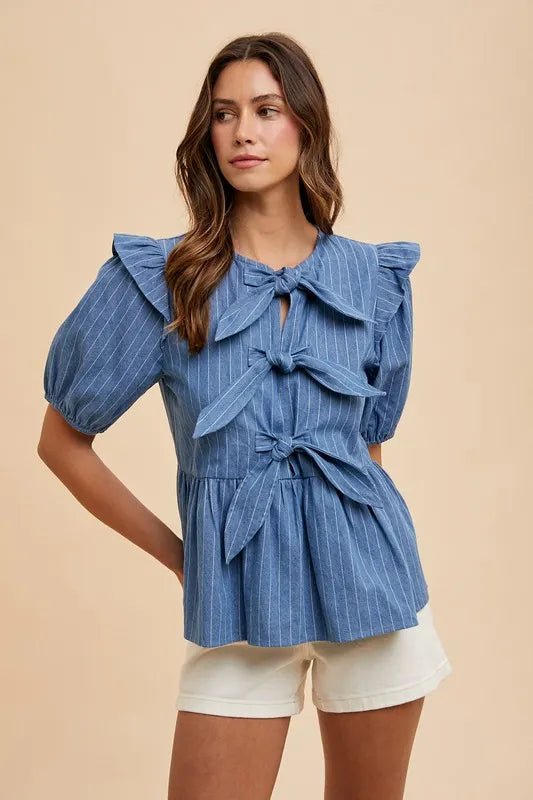 ANNIE WEAR - Chambray Blue Pinstripe Tie - Front Top