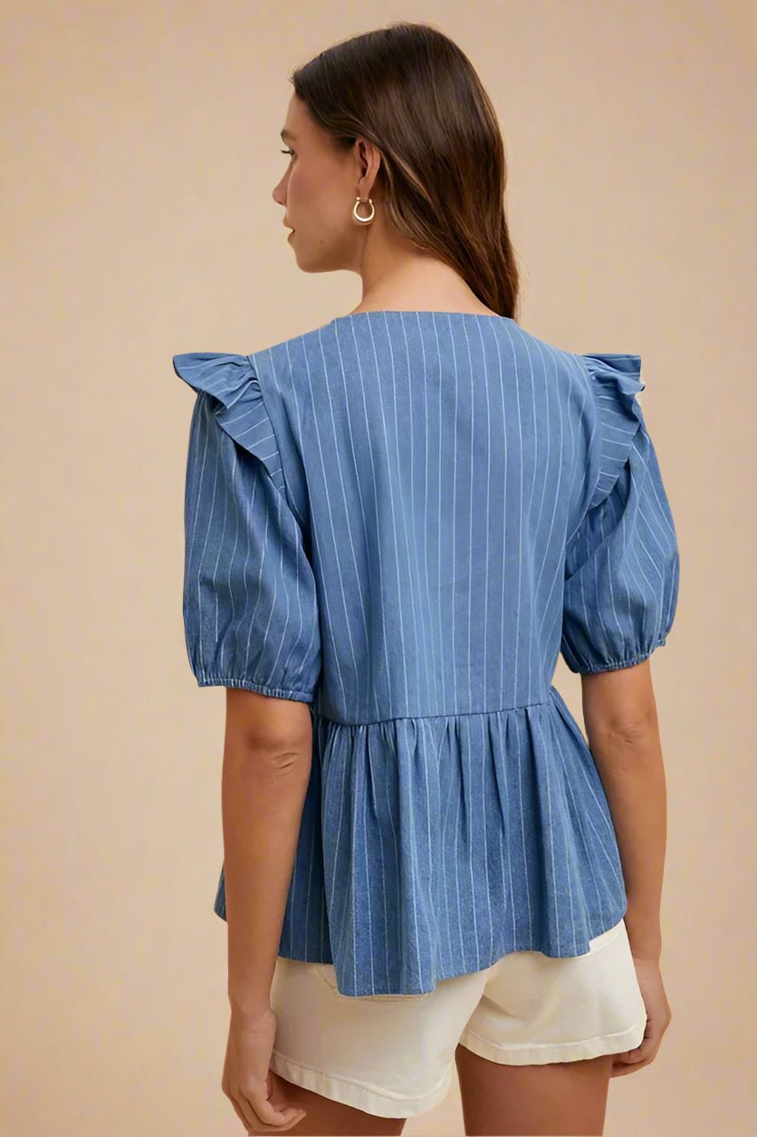 ANNIE WEAR - Chambray Blue Pinstripe Tie - Front Top