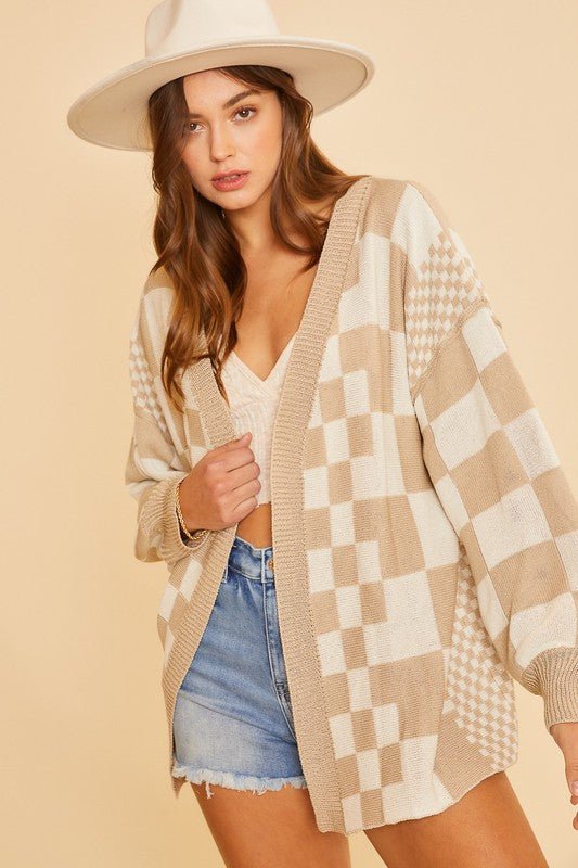 ANNIE WEAR - Checkered Open Front Cardigan in Tan