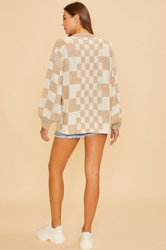 ANNIE WEAR - Checkered Open Front Cardigan in Tan