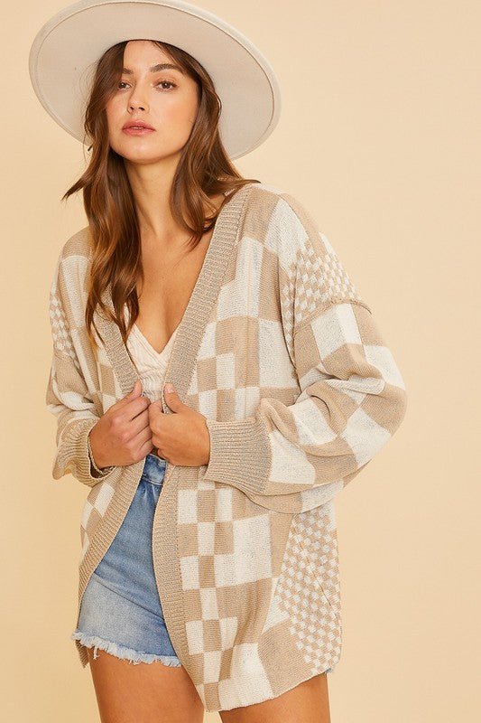 ANNIE WEAR - Checkered Open Front Cardigan in Tan