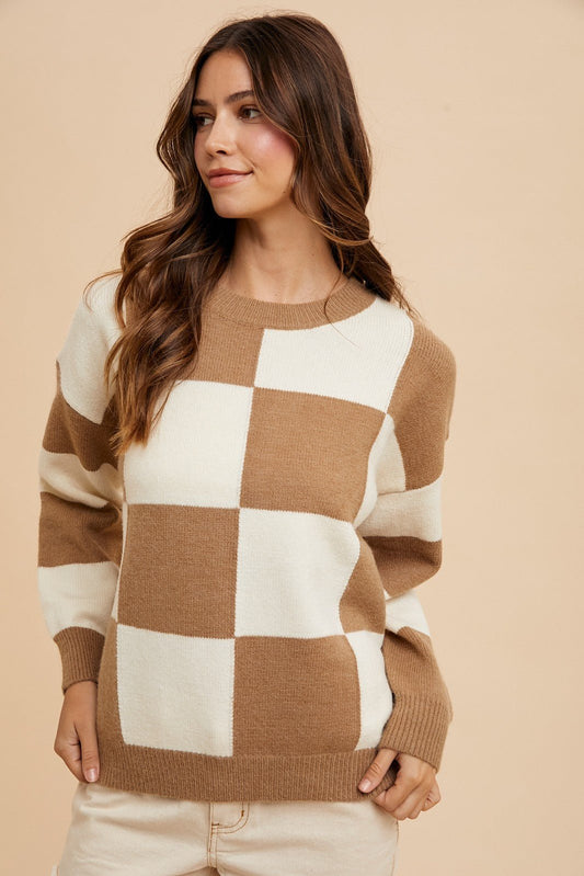 ANNIE WEAR - Checkered Relaxed Fit Sweater in Mocha