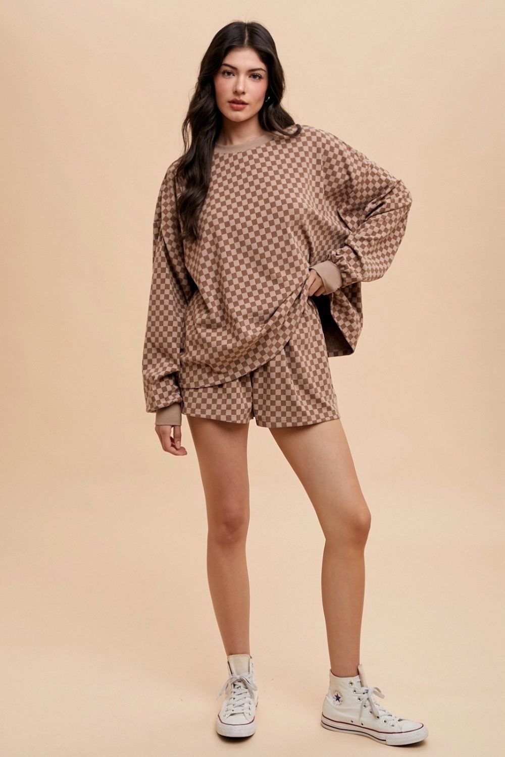 ANNIE WEAR - Checkered Top & Drawstring Shorts Set in Mocha